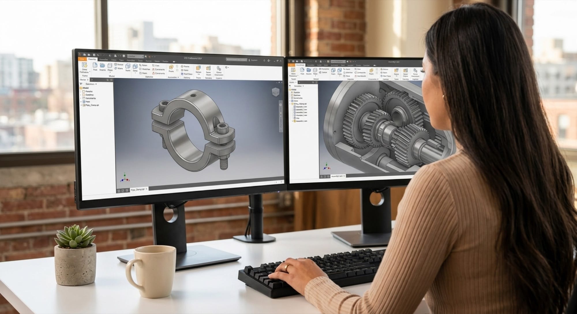 An engineer working on CAD models of a clamp and a gearbox across two monitors