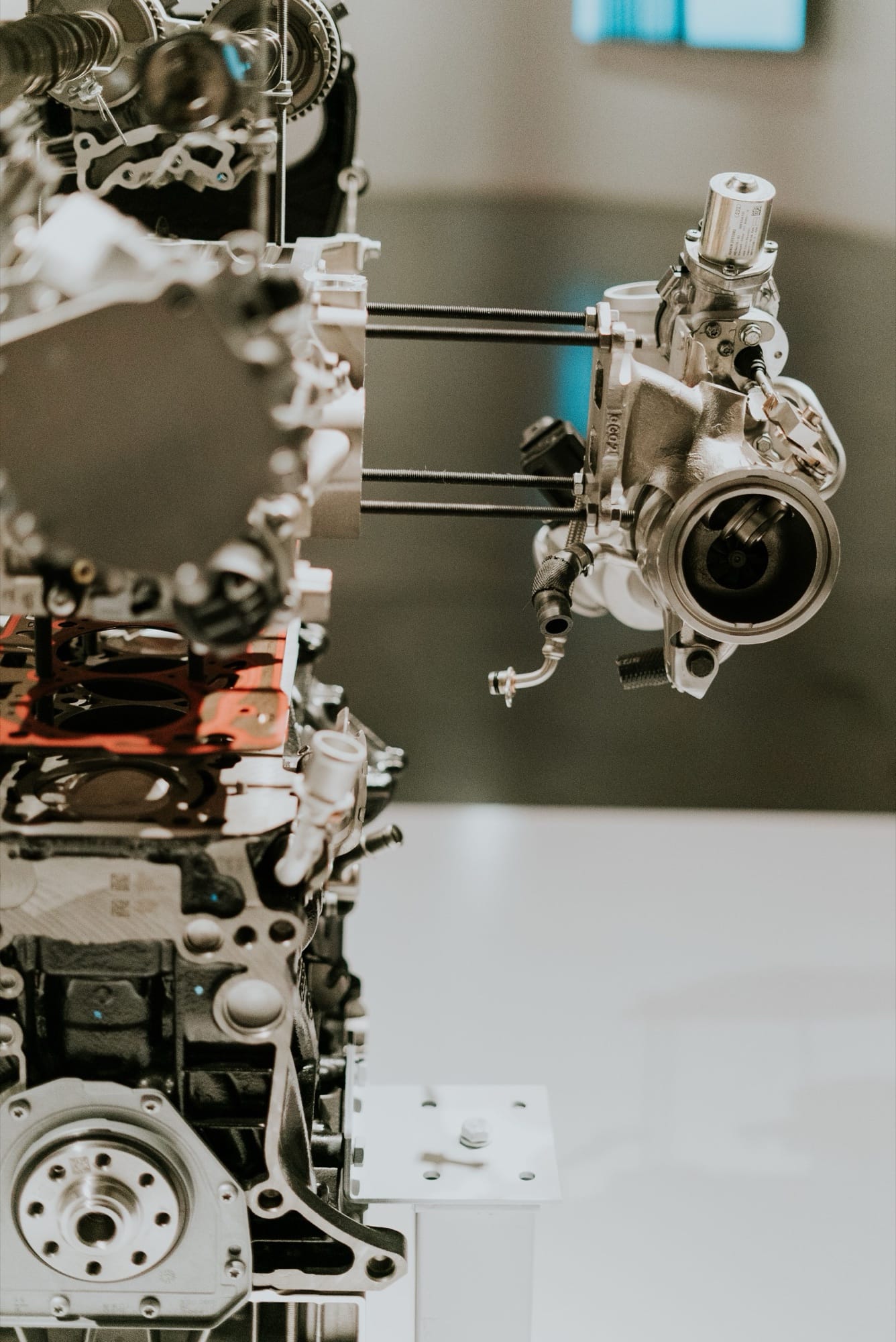 Close-up of an engine block and machined components